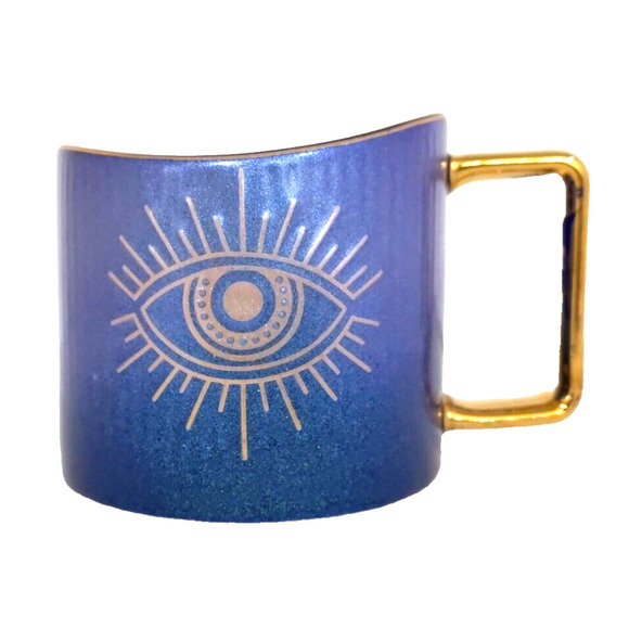 Evil Eye Coffee Tea Cup Mug Blue Iridescent with Gold Detail Ceramic - Picture 1 of 9